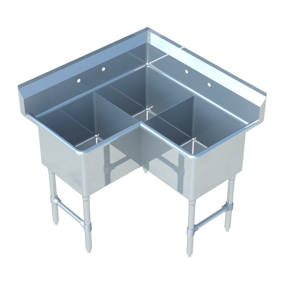 Sapphire SMCS2424-3 53-1/2" Three Compartment Corner Sink - 24" x 24" Bowl Size