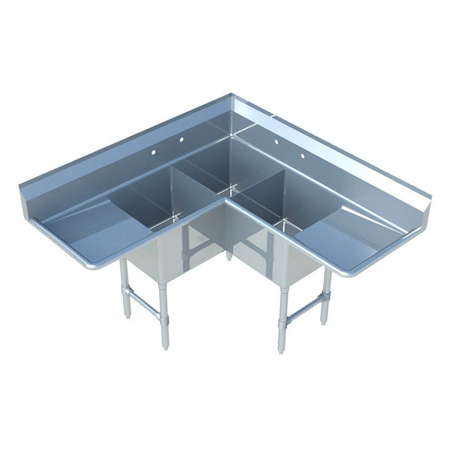 Sapphire SMCS-3-2020D 63" Three Compartment Corner Sink with 20" Left & Right Drainboards - 20"x20" Bowl Size