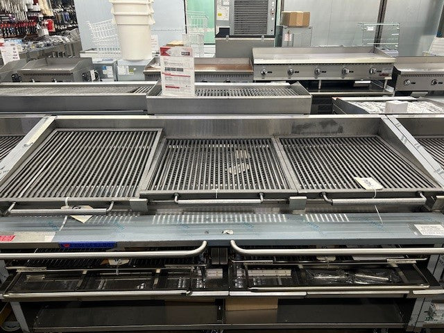 Bakers Pride F-72RSC-WR Gas Floor Model Charbroiler With Glo-Stones, High Performance 72" W Warming Rack - 180,000 BTU | NJ Restaurant Equipment Corp.