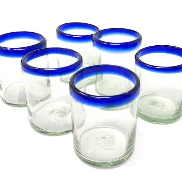 Dos Sueños DS-DG1D Hand Blown 14oz Cobalt Rim Drinking Glass (Case of 24)