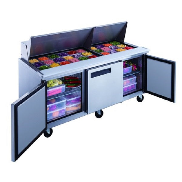 Dukers DSP72-30M-S3 72"W Three Door Sandwich/ Salad Prep Table (MEGA TOP) - 17.58 Cu. Ft. FREE SHIPPING!