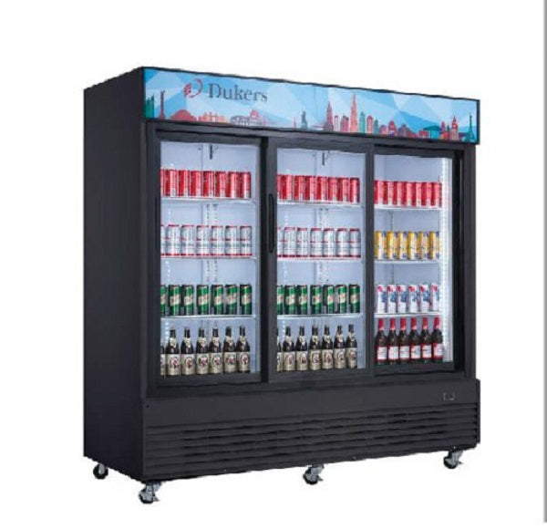 Dukers DSM-68SR 78"W Black Three Sliding Glass Door Merchandiser Refrigerator 69 Cu. Ft - FREE SHIPPING!