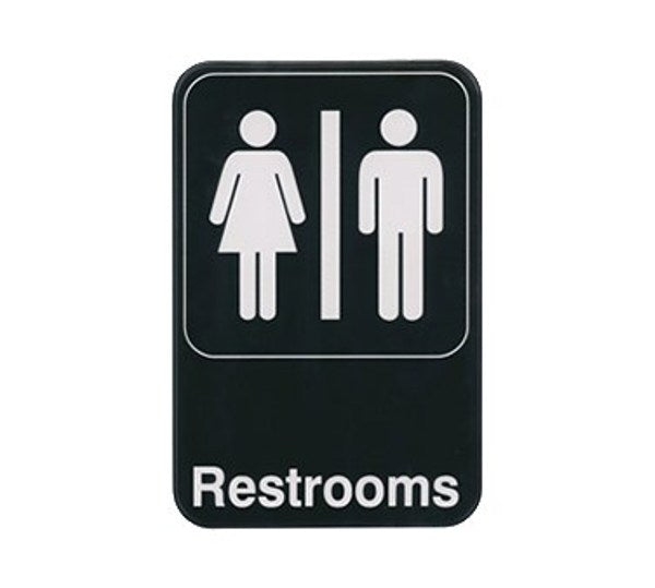 Winco SGN-603 6" x 9" Black "RESTROOMS" Sign
