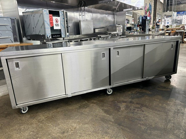 USED-30120 120"W x 30"D  Chef Cabinet Base With Sliding Doors & Casters (USED UNIT)