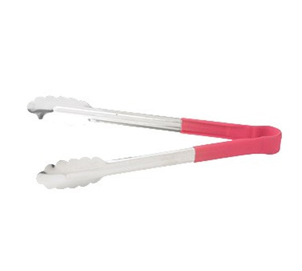 Winco UT-12HP-R 12" Stainless Steel Utility Tongs with Red Handle