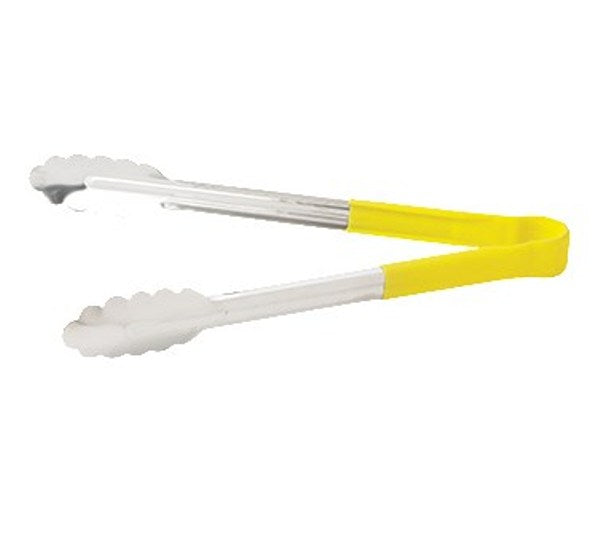 Winco UT-12HP-Y 12" Stainless Steel Utility Tongs with Yellow Handle