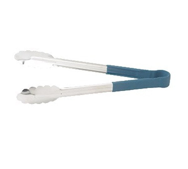 Winco UTPH-9B 9" Heat Resistant Stainless Steel Utility Tongs with Blue Handle