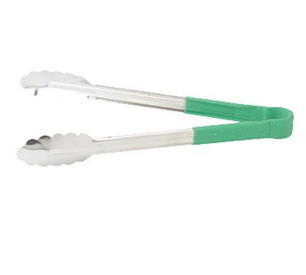 Winco UTPH-9G 9" Heat Resistant Stainless Steel Utility Tongs with Green Handle