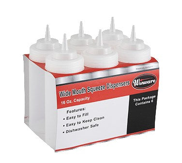 Winco PSW-16Y 6 Pack of 16oz Yellow Wide Mouth Plastic Squeeze Bottle