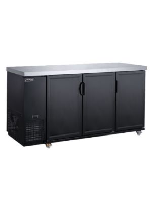 Dukers DBB72-M3 73"W Three Hinged Solid Door Black Back Bar Refrigerator -19.2 Cu. Ft